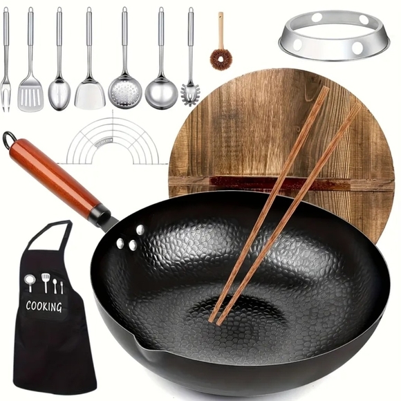 Carbon Steel Wok with Wooden Handle and Accessories